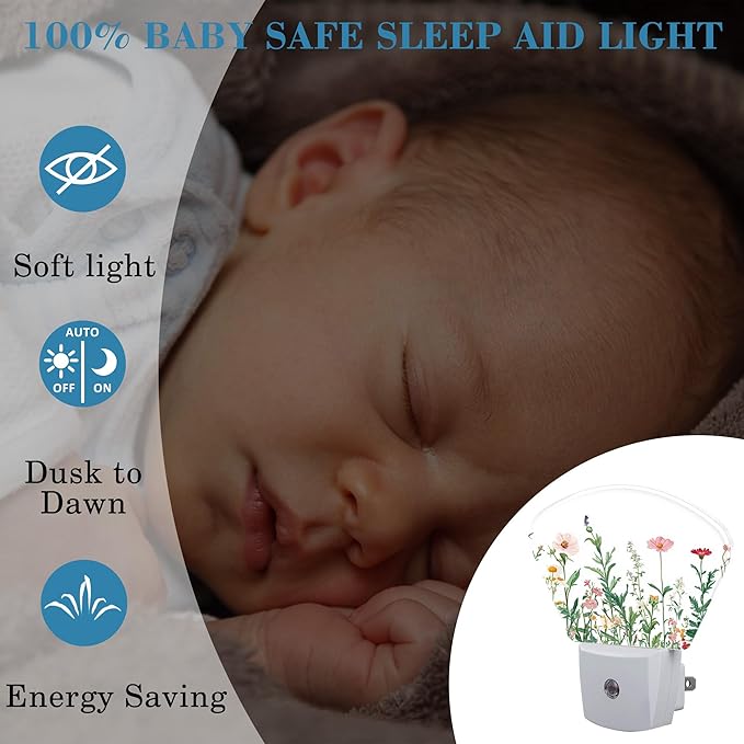 Watercolor Colorful Wildflowers Night Light Wildflowers Nightlight Plug into Wall with Dusk to Dawn Sensor for Kid Girls Boys Women Men Room, Hallway, Kitchen, Bathroom, Stairs Decor