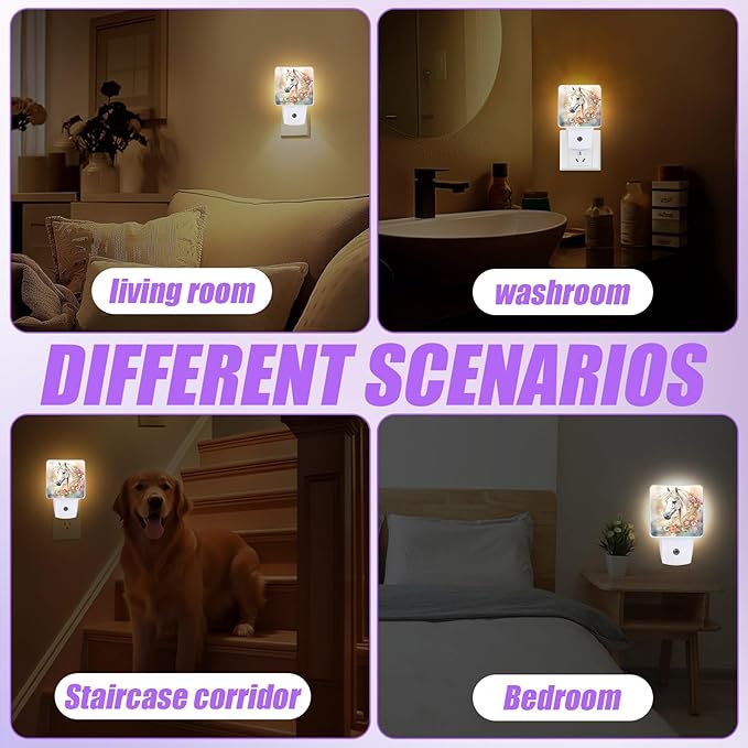 White Horse Night Light,Floral Night Lights Plug into Wall,Led Lamp for Stairway/Hallway/Bedroom 0.5W Nightlight Sleep Friendly