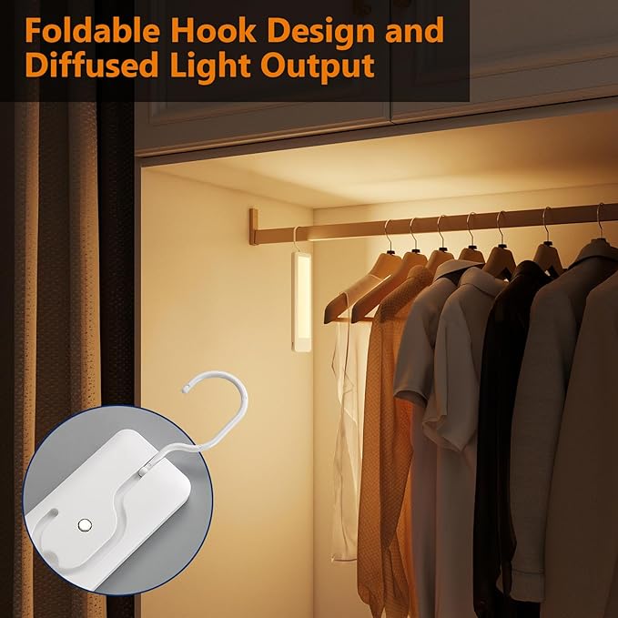 Dawnrise Under Cabinet Lights, 7.8 inch Motion Sensor Closet Light Indoor with Hook, Rechargeable Portable Lighting for Cabinet, Wardrobe, Closet, Bedroom, Storage Room, Utility Room (3000K)