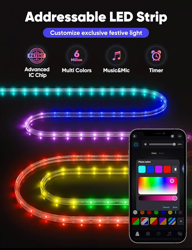65FT Outdoor LED Strip Lights RGB+IC with Warm&Cool White, 120V Pixel Control Light String Music Sync, Waterproof and Connectable, for New Year Party Festival Eave Porch Patio Home Decor, ETL Listed