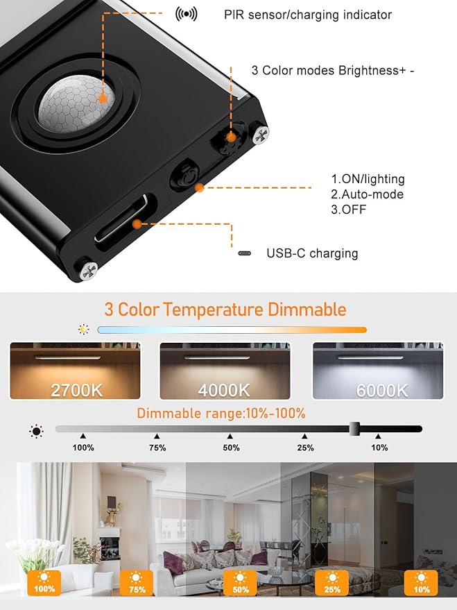 SPOLI Under Cabinet Lighting, Motion Sensor Kitchen Light Indoor, 1800mAh Battery Operated Closet Lights, 54 LED Dimmable Stairs, 2 Pack Magnetic Under Counter Lights for Kitchen - Black 12"