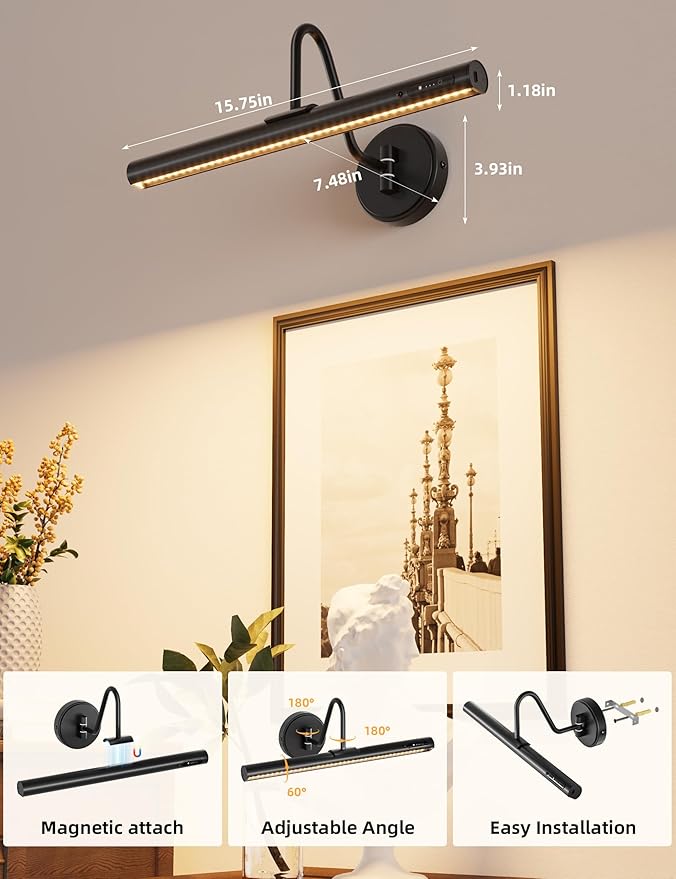 VOLISUN Picture Lights for Wall, 15.7'' Rechargeable Picture Light Battery Operated, 3 Color Temps Cordless Picture Light with Remote, Magnetic Art Light for Painting, Gallery, Portrait, 2 Pack(Black)