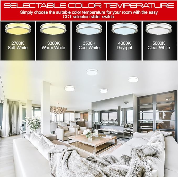 Modern 16" LED Ceiling Light, 2200LM 26W Flush Mount – 5CCT Color Adjustable (2700K-6500K) – Brushed Nickel Fixture, Ultra Bright & Energy Efficient – ETL/FCC Listed