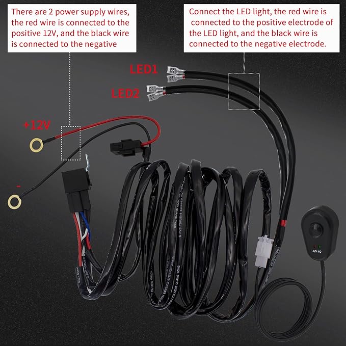 LED Lights Bar Wiring Harness Kit 2 Leads DC12V On-Off Switch Power Relay Blade Fuse 14AWG Core Cable Wiring Harness Kit fit for LED Driving Lights Bar Work Auxiliary Lights