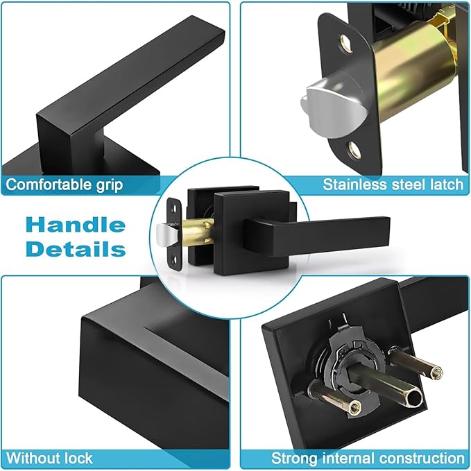 Estmoon 5 Pack Passage Door Handles Matte Black Door Knobs, Interior Door Knobs Square Heavy Duty Non-Locking Handlesets Hall Closet Handles, Reversible for Right & Left Sided Doors