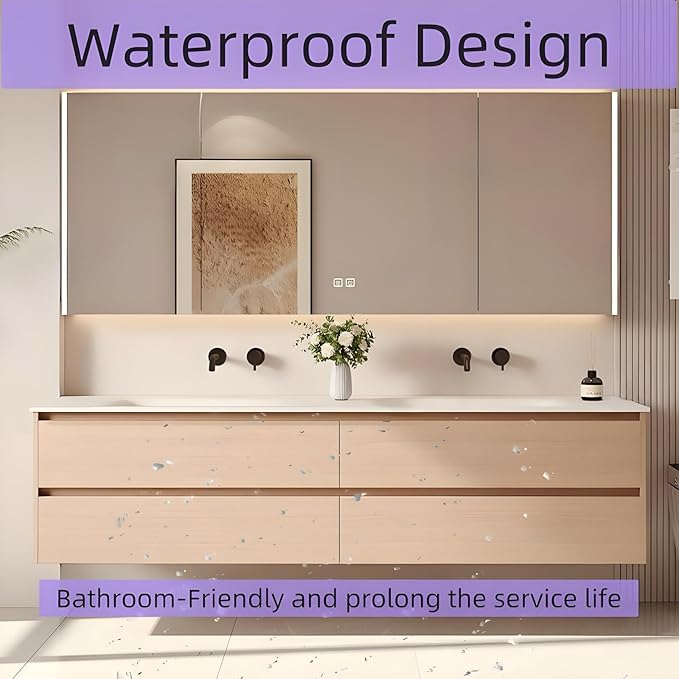 62'' Double Bathroom Vanity with Sink - LED Light & Defogging Function Mirror | Wall Mounted Bathroom Cabinet with 4 Drawers, Integral Ceramic Wash Basin