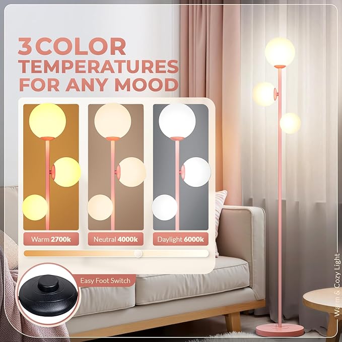 3 Globe Floor Lamps for Living Room, Mid Century Modern Standing Lamp with 3 Color Temperatures, Vintage Retro Tall Light with Frosted Glass Shades and LED Bulbs for Bedroom Office Corner (Pink)