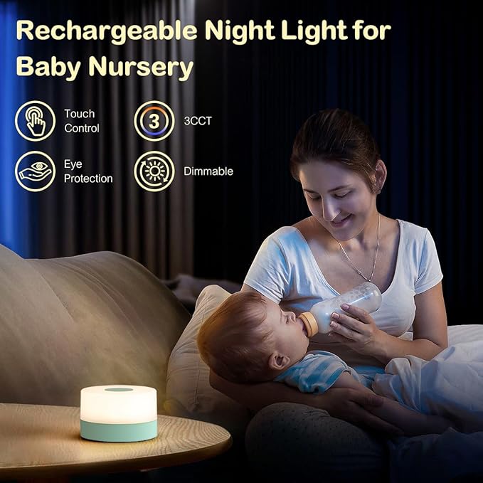 JUSHENG Rechargeable Baby Night Light LED Nursery Lamp Touch Lights, Dimmable and 3 Color Temperature Adjustable Bedside Night Light for Kids, Breastfeeding, Green