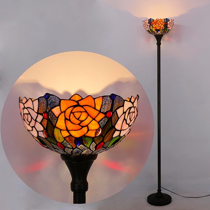 Tiffany Torchiere Floor Lamp Stained Glass Orange Red Rose Flower Style Standing Corner Torch Uplight 12X12X72 Inch for Bedroom Living Room Home Office