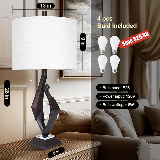 Scenekoy Sculptural Resin Table Lamp Set of 2 with USB Ports for Bedroom Living Room, 26” Black-Brown Dual Pull Chains Bedside Lamps, Nightstand Lamp for Home Room Decor (Bulbs Included)