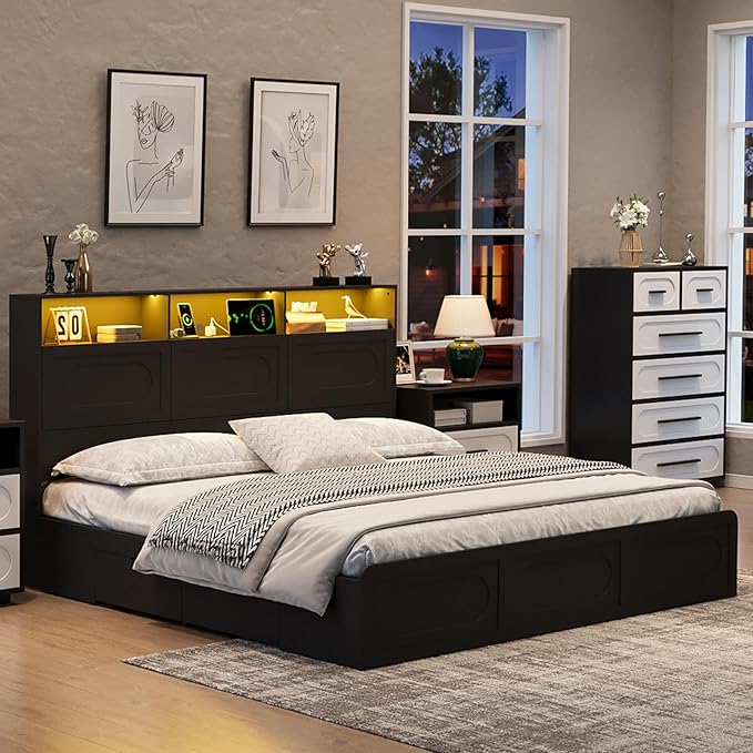 Black King Bed Frame with Storage Drawers, King Size Bed Frame with 48" Tall Storage Headboard and Charging Station, Platform Bed with LED Lights, No Box Spring Needed, Easy Assembly