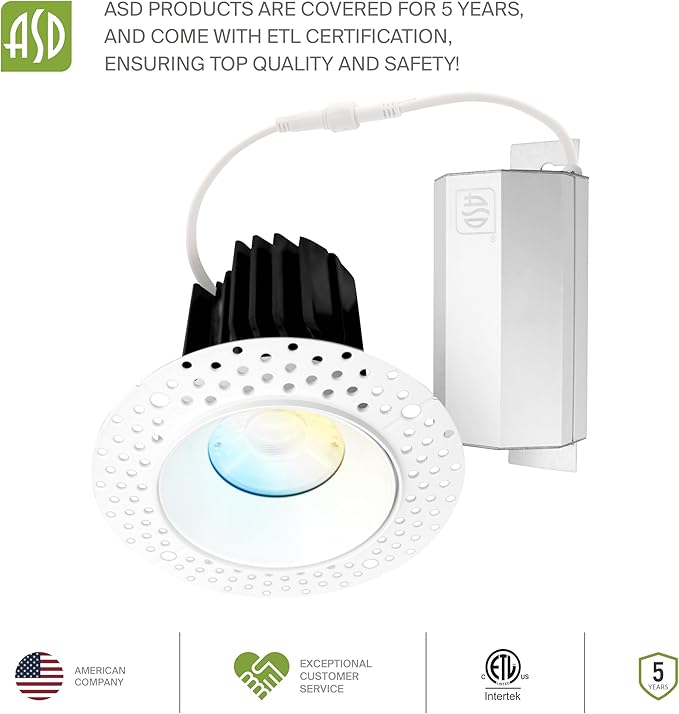ASD Trimless 3 Inch LED Recessed Light, 15W 120V Triac Round Commercial Downlight, Canless Dimmable Lights for Ceiling with J-Box, 5 CCT 2700K-5000K, CRI 90+, IC Rated, ETL, White