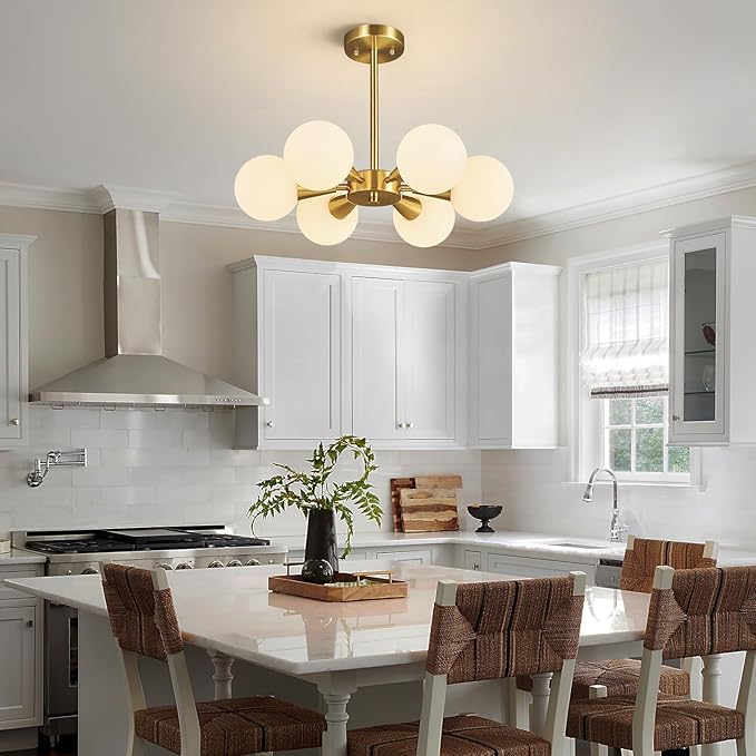Mid Century Modern Ceiling Light with Milk White Glass lampshade Gold Semi Flush Mount Ceiling Light Fixture Sputnik Chandelier for Bedroom Living Room Dining Room Foyer Hallway(6-Lights)
