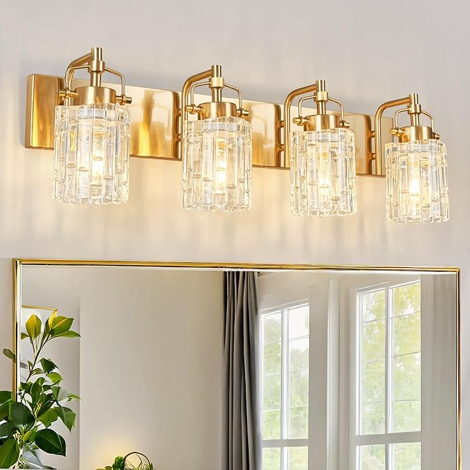 Modern 4-Light Vanity Light with Crystal Glass Shade - Gold Bathroom Light Fixture
