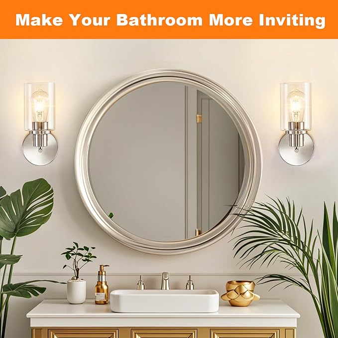 DLLT Wall Sconces Set of Two: Modern Bathroom Vanity Light Fixtures - Nickel Vanity Lights with Clear Glass Shade - Farmhouse Wall Lamp for Bedroom Living Room Mirror Hallway Kitchen