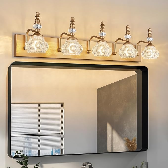 Modern Glass Crystal Vanity Light - Vintage Bathroom Lighting Fixtures Over Mirror, 5 Light Vanity Lights G9 Bulb (35.43 Inch,Brass)