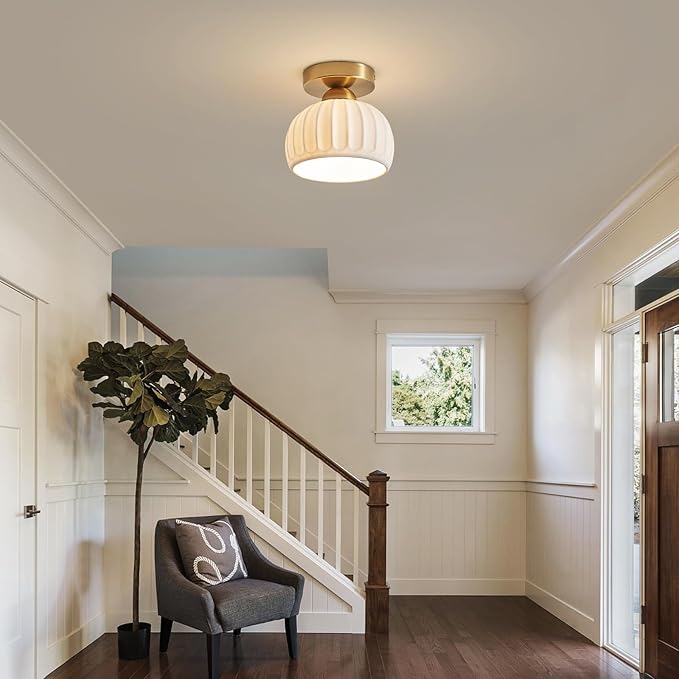 2 Pack White Ceramic Gold Base Semi Flush Mount Ceiling Light Vintage Hallway Light Fixtures, Modern Small Flush Mount Ceiling Light Lamp for Hall Kitchen Entryway Passway Porch Foyer