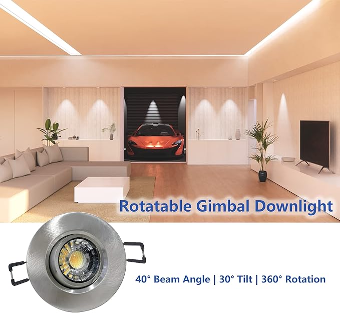 Premium Canless Recessed Gimbal Downlight Rotatable-Spotlight 5 CCT Eyeball Ceilling Potlight, Dimmable Lights Fixture with Junction Box, 8W CCT Adjustable (Brushed Nickel, 3 Inch)