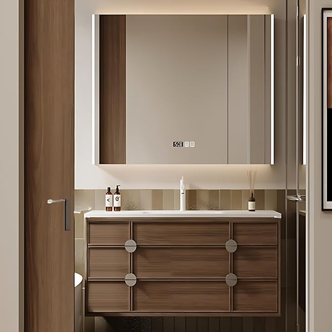 Bathroom Vanity - Wall Mounted Cabinet with 4 Drawers & Integral Ceramic Wash Basin | Smart Mirror Including LED Light Defogging (Style A, 32in)