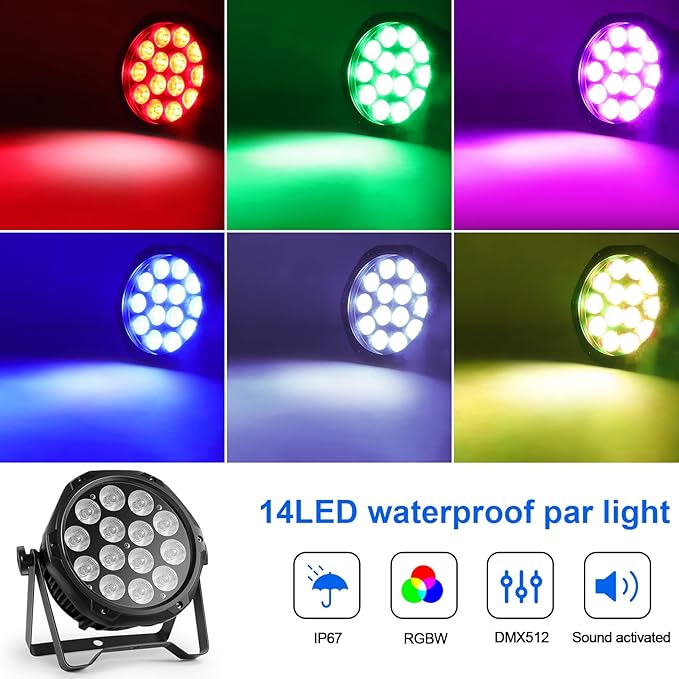 14LED Par Lights, Outdoor Waterproof Par Can Light, RGBW 4in1 Stage Light, 210W DMX Control Wash Uplight Strobe Effect for Events, Stage, Wedding, Church, Party, Garden, Building (8 Packs)