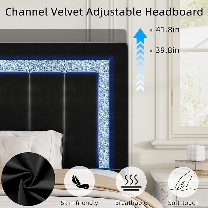 Queen Size Bed Frame with LED Lights and Velvet Upholstered Headboard, Bed Frame Queen Size with Modern Diamond Headboard Adjustable, Wooden Slats Support, Noise Free, No Box Spring Needed, Black