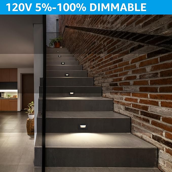 LEONLITE Black 5CCT 120V LED Step Lights, 3.5W 150LM 5%-100% Dimmable Horizontal Stair Lights Indoor Outdoor Wet Location, CRI90+ & ETL, 2700K/3000K/3500K/4000K/5000K, Aluminum, Pack of 3