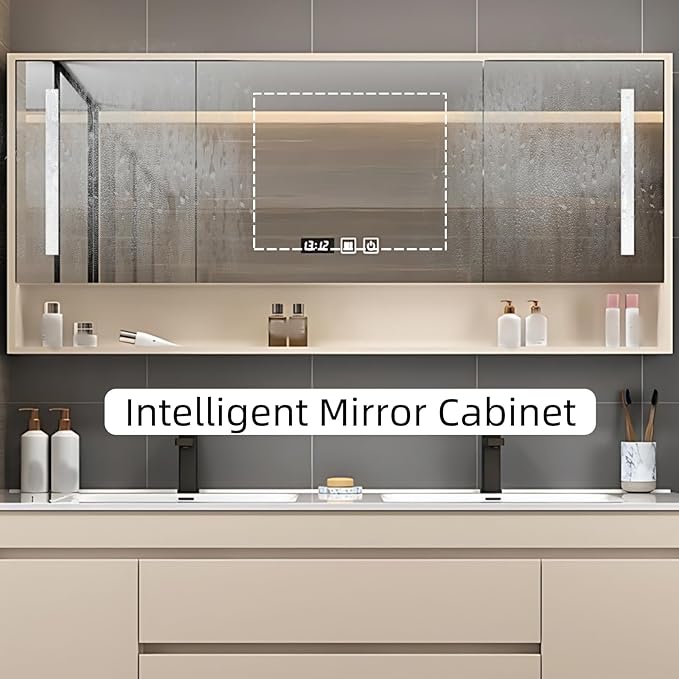 84IN Suspend Bathroom Vanity - Bathroom Cabinet with Double Sinks | Smart Defogging Mirror Cabinet Includes Time Display & LED Lighting, Open Storage Shelves, 2 Drawers (Apricot Color)
