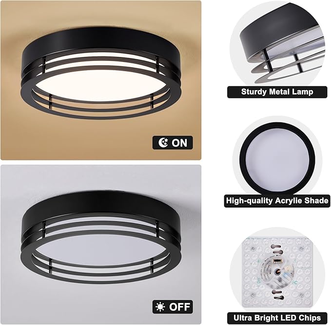 Dimmable Black Flush Mount Ceiling Light, Modern Round LED Ceiling Lights Fixture, Kitchen Flushmount Light for Bedroom Hallway Kitchen 2700 K-6000 K 5CCT