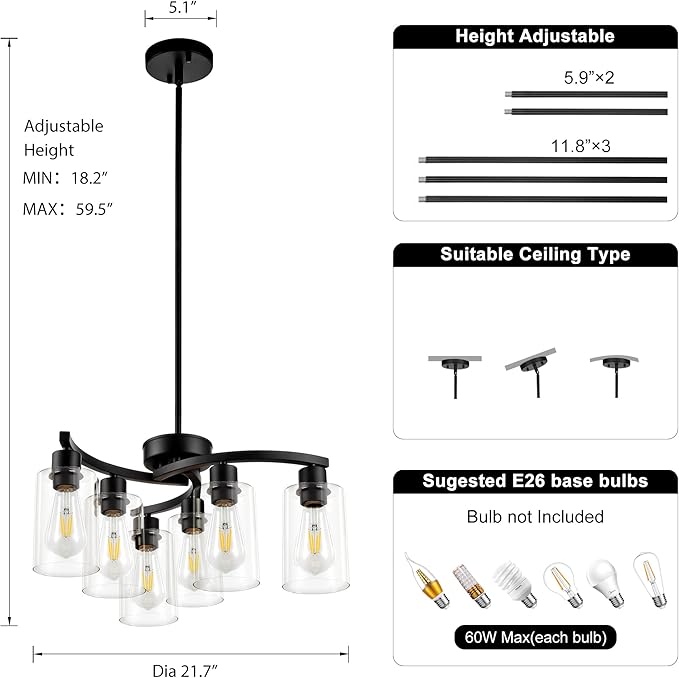 6 Light Modern Farmhouse Chandelier，Black Dining Room Light Fixture，Kitchen Pendant Lights Over Island with Glass Shade