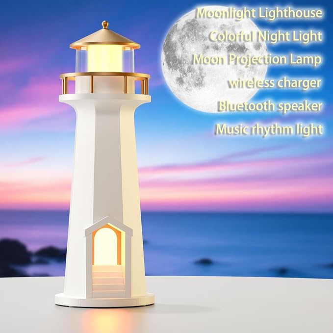 Light House Night Light with Speaker, Moon Projection Lamp, Wireless Phone Charger, Ambient Light