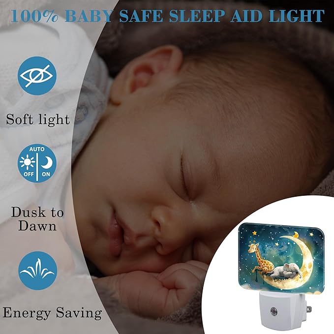 Cute Giraffe and Elephant Sleeping On Moon Night Light for Kids, LED Night Light Plug into Wall with Dusk to Dawn Sensor for Girls Boys Women Men Room, Hallway, Kitchen, Bathroom, Stairs Decor