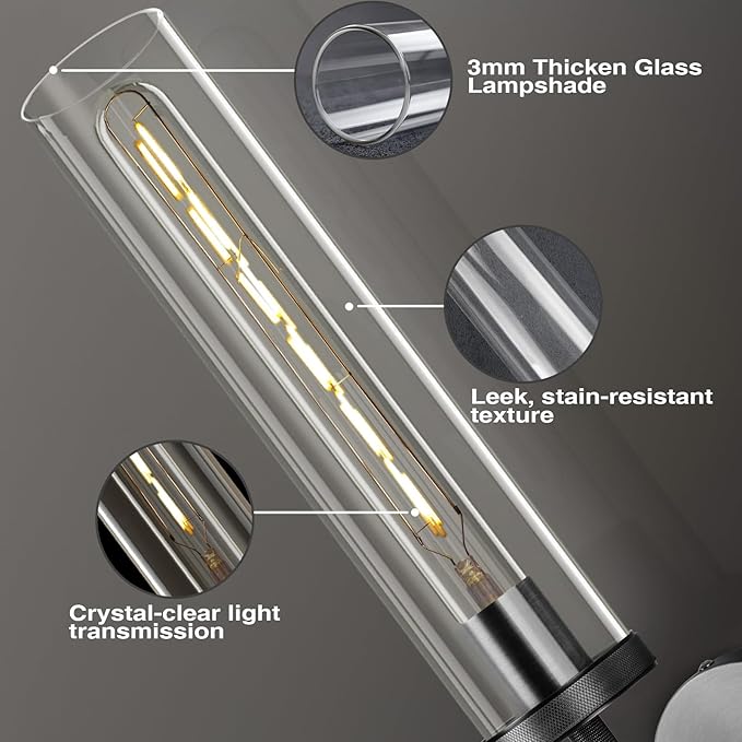 Black Wall Sconces Set of Two, 30" Modern Wall Lighting, Double Lights with Clear Glass Tubes, Knurled Vanity Light for Bathroom, Living Room, Bedroom, Hardwired (Including Bulb)