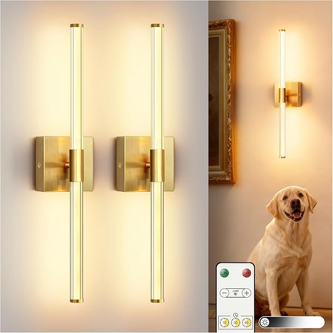 L LOHAS LED Battery Operated Wall Sconces Set of 2, 10000mAh Gold Battery Wall Sconce, 3000K Dimmable Wireless Wall Light, Sconce Wall Decor for Bedroom, Living Room, 24in
