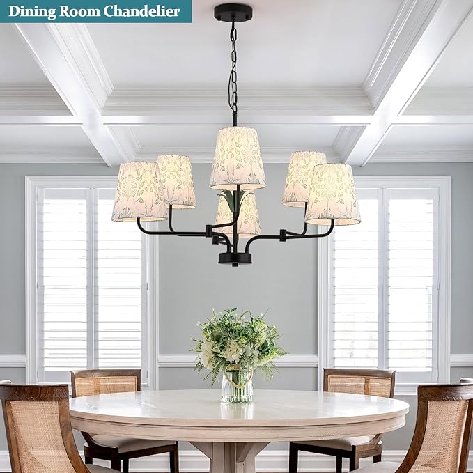 Black Chandeliers with White Fabric Shade, Farmhouse Green Plants Chandelier for Dining Room, Linear Island Lighting Fixture for Kitchen, Industrial, Foyer, Entryway, Living Room,Nature