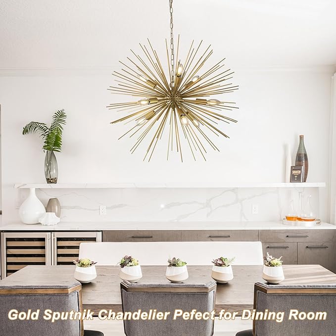 Modern 28.34" Golden Sputnik Chandelier Modern 9-Lights Geometric Starburst Chandelier Solid Metal Gold Sputnik Chandeliers for Dining Room, Kitchen, Bedroom, Living Room, E12