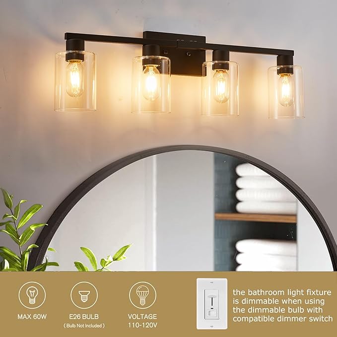 4 Light Bathroom Vanity Light Fixtures, Black Farmhouse Bathroom Vanity Light with Clear Glass Shade, Bathroom Lighting Fixtures Over Mirror, Vanity Lights for Bathroom Mirror