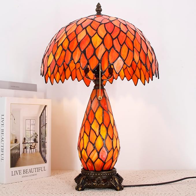 Tiffany Lamp Stained Glass Table Lamp 12X19 Inches Mother Daughter Vase Desk Accent Night Light for Bedroom Bedside Reading Home Antique Style(Wisteria Red Orange)