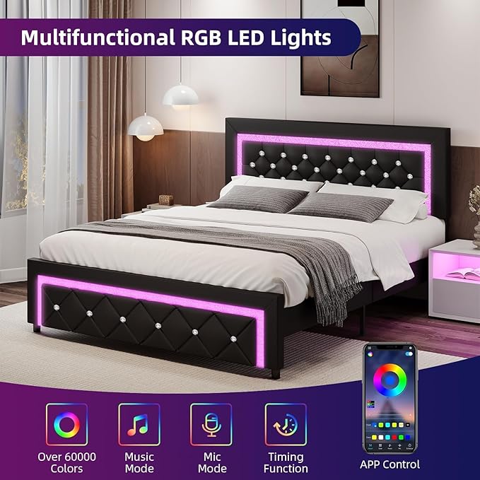 BarnFurin Queen Size Bed Frame with LED Lights, Upholstered Platform Bed with Diamond Tufted Headboard, No Box Spring Needed, Noise Free, Easy Assembly, Black