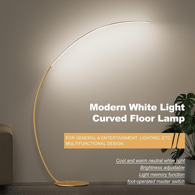Modern Gold Arched Standing Floor Lamp - 69.99 Inch, Dimmable, Adjustable Color Temperature, Curved Lamp with Remote for Bedroom and Living Room