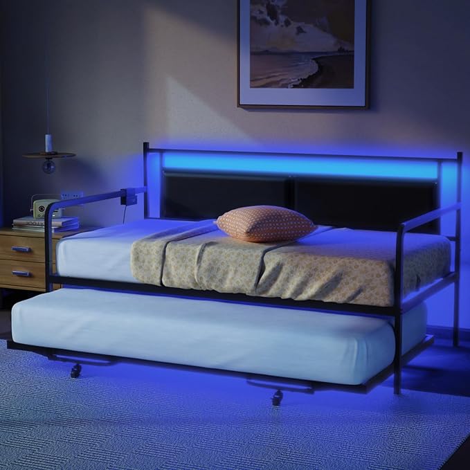 VINGLI Twin Daybed with Pop Up Trundle,Sofa Day Bed with LED Light & Charing Station,Pull Out Bed with Steel Slat Support & Upholstered Headboard, Platform Bed Frame, Black