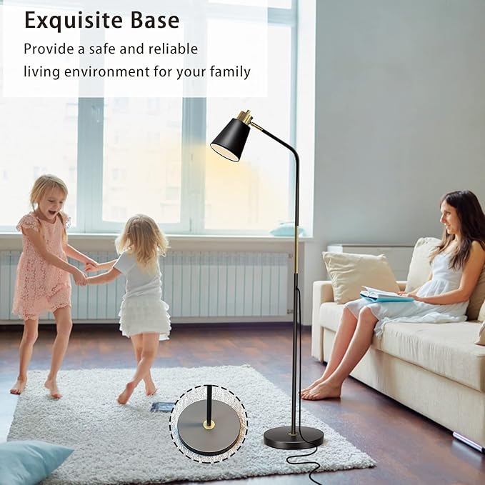 Floor Lamp, Dimmable Floor Lamps for Living Rooms & Bedrooms, Farmhouse Reading Lamp - Standing, Adjustable Metal Heads Indoor Task Lighting for Living Room Bedroom Office (Dimmable Black)