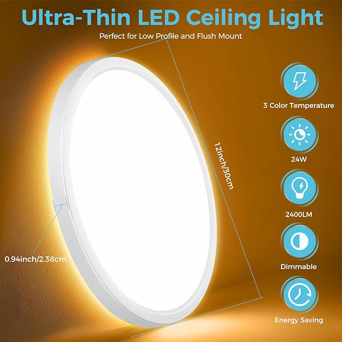 libtit 12 Inch White LED Ceiling Light with Night Light 1800K, 3000K/4000K/6500K Dimmable Flush Mount Ceiling Lamp with Remote Control, Low Profile Ceiling Lighting for Bedroom Bathroom Kitchen