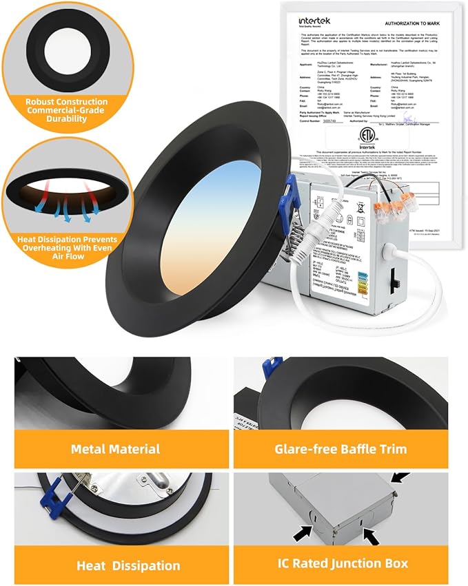 Adetu 4 Inch Anti-Glare LED Downlight,Dimmable Ceiling Light with 5CCT Reset,Selectable from 2700K to 5000K - 12W 1080LM, ETL Certified (Black, 6 Pack Round)