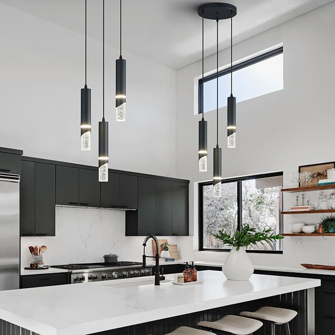 Modern Dimmable Led Pendant Lights Kitchen Island, Ideal for Living Room, Bedroom,Sink 18w LED Crystal Energy-Saving Hanging Lamp for Cozy Lighting (Black 3 Light)