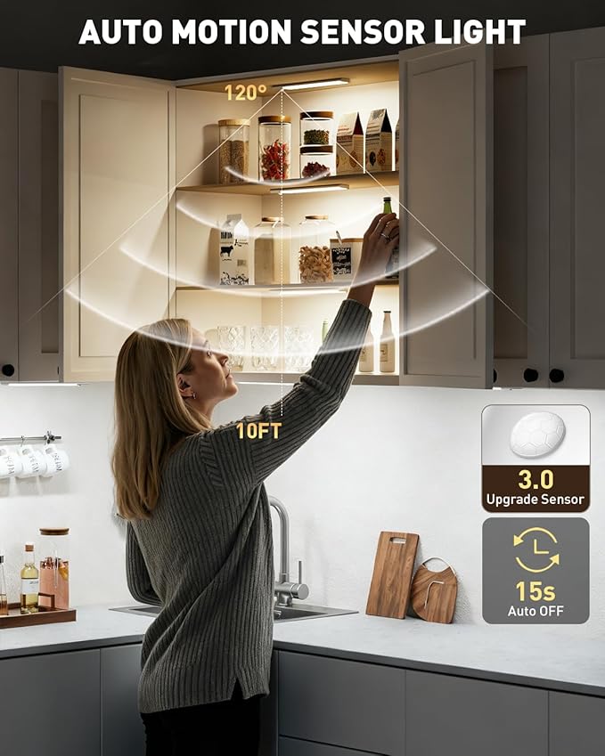 12in Under Cabinet Lighting Wireless, 300LM Led Light for Closet Lights Motion Sensored, USB - C Rechargeable Under Cabinet Lights with Remote, Magnetic Light Bar Kitchen, 3 Colors, 3 Pack