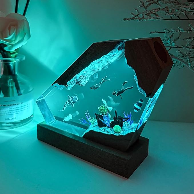Whale Shark Ocean Resin Lamp - Handmade Resin Night Light with USB Port, Variable Lights, Scuba Diver Gifts, Ocean and Diving Enthusiast Collectibles, Unique Birthday Gifts for Him & Her (8"x5")