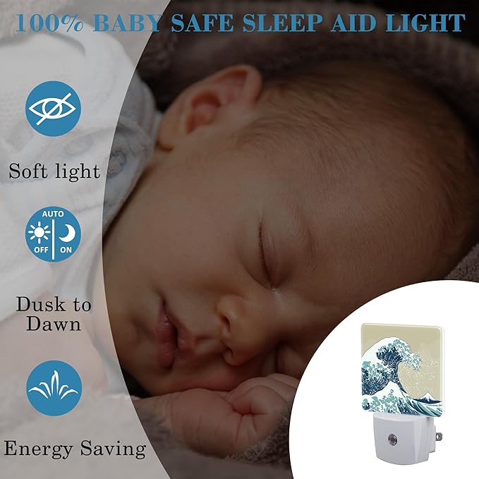 Plug in Night Lights Japanese Great Wave Nightlight Plug Into Wall Dusk to Dawn Sensor LED Night Light for Kid Girls Boys Women Men Room Decor, Hallway, Kitchen, Bathroom, Nursery, Stairs
