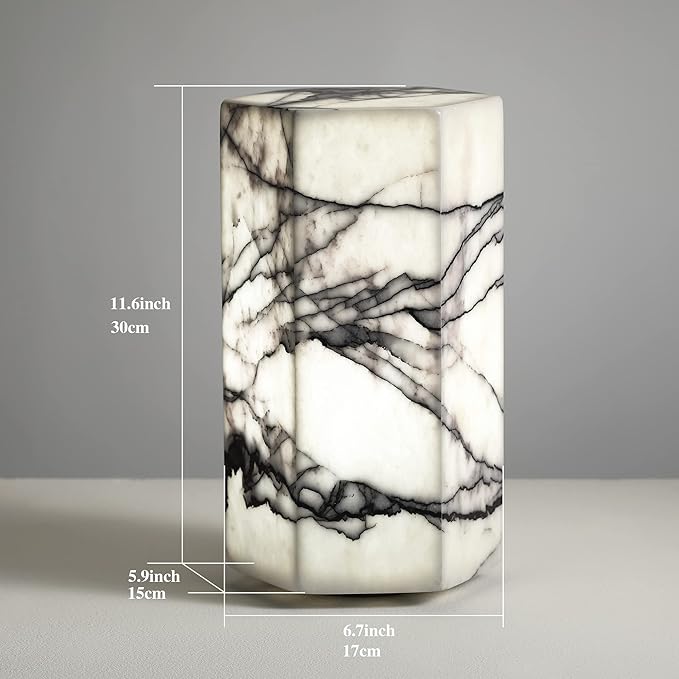 Handcrafted Real Marble Table Lamp, Stone Lamp with Tri-Color Dimmable LED, Bedside Lamp, Small Table Lamp for Home Decor, Accent Table Lamp for Bedroom Living Room, Hexagon