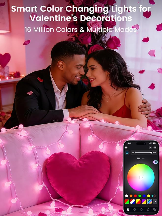 2026 New 46ft Smart Color Changing Pink Valentine Lights Indoor | 100 LED RGB Globe String Lights App Control with Remote & Timer | Fairy Light Plug in Waterproof Valentines Day Decor Girl's Bedroom