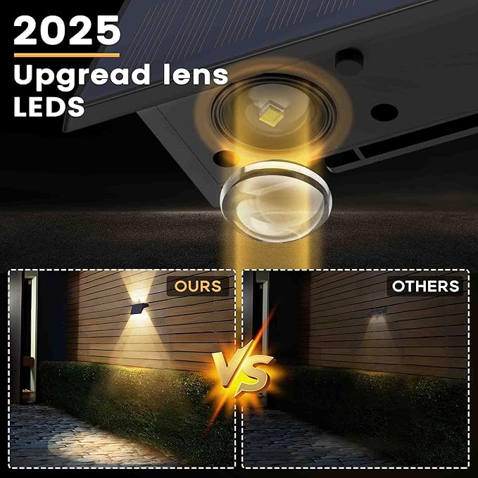 Fence Lights Solar Powered, 4-Pack Solar Fence Lights Up/Down Flexible Buttons, IP67 Waterproof for Outdoor, 100LM Bright, Auto Dusk to Dawn for Wall/Stairs/Yard/Railing/Deck/Pathway (Warm White)